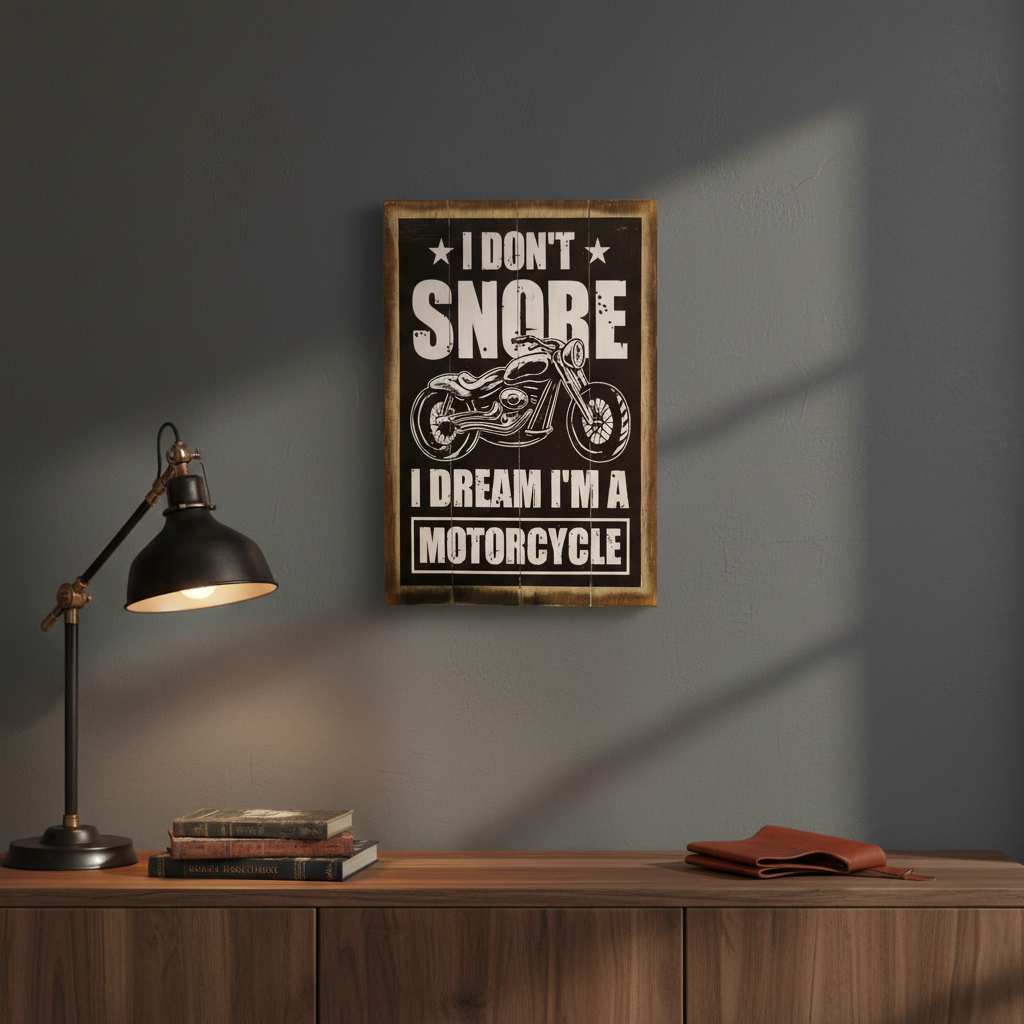 I Don’t Snore, styled: Humorous motorcycle sign hanging above a dark timber cabinet in an industrial games room