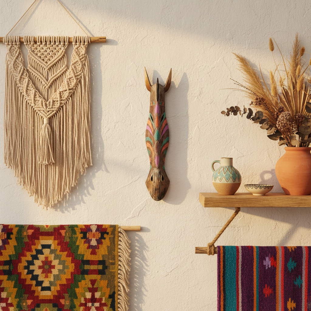 A styled boho wall display featuring a large beige macrame wall hanging, a wooden animal head wall sculpture, a wooden floating shelf with a terracotta vase of dried grasses, and two colorful patterned textiles hanging below.