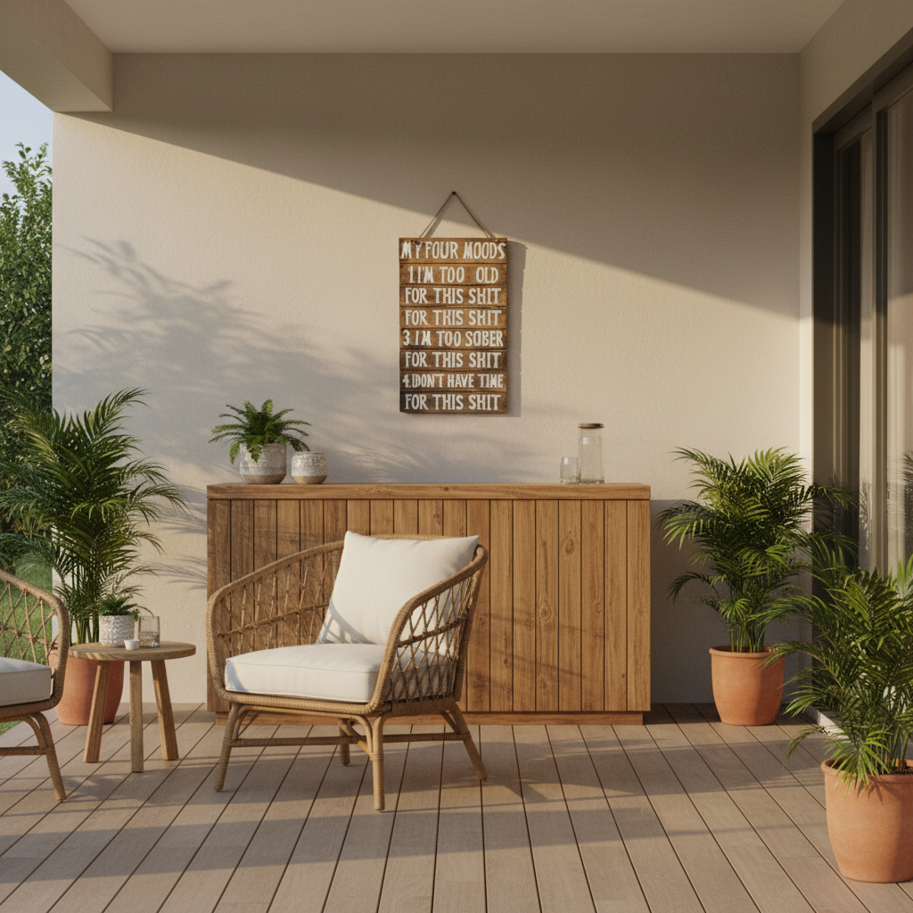  Rustic humorous wall décor styled above a timber cabinet in a covered patio entertaining area⠋
