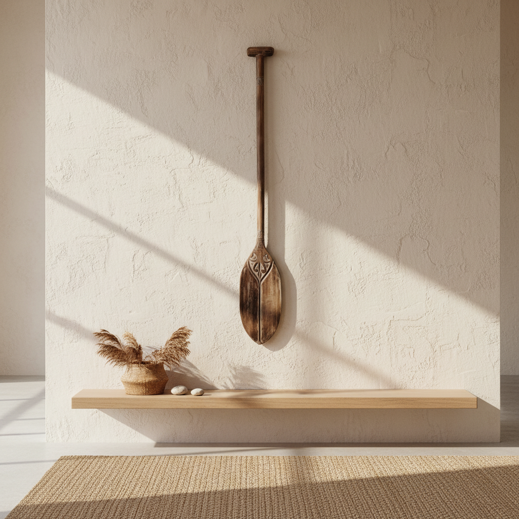 natural-brown-tribal-carved-wooden-paddle-styled-in-a-high-ceiling-home
