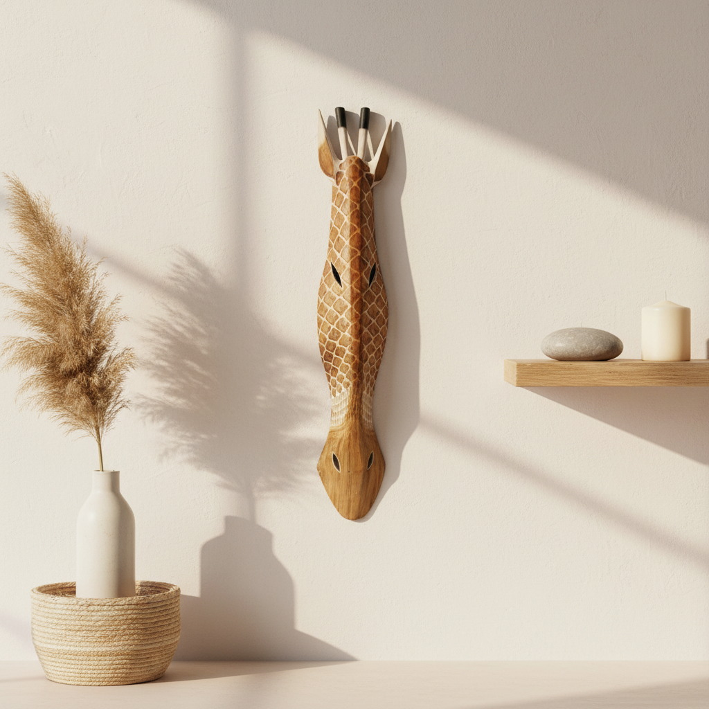 A carved wooden wall hanging shaped like a stylized fish or snake, displayed on a warm off-white wall in a sunlit interior. A wooden shelf with a stone and candle, a white vase with pampas grass in a woven basket, and strong diagonal shadows are visible in the room.