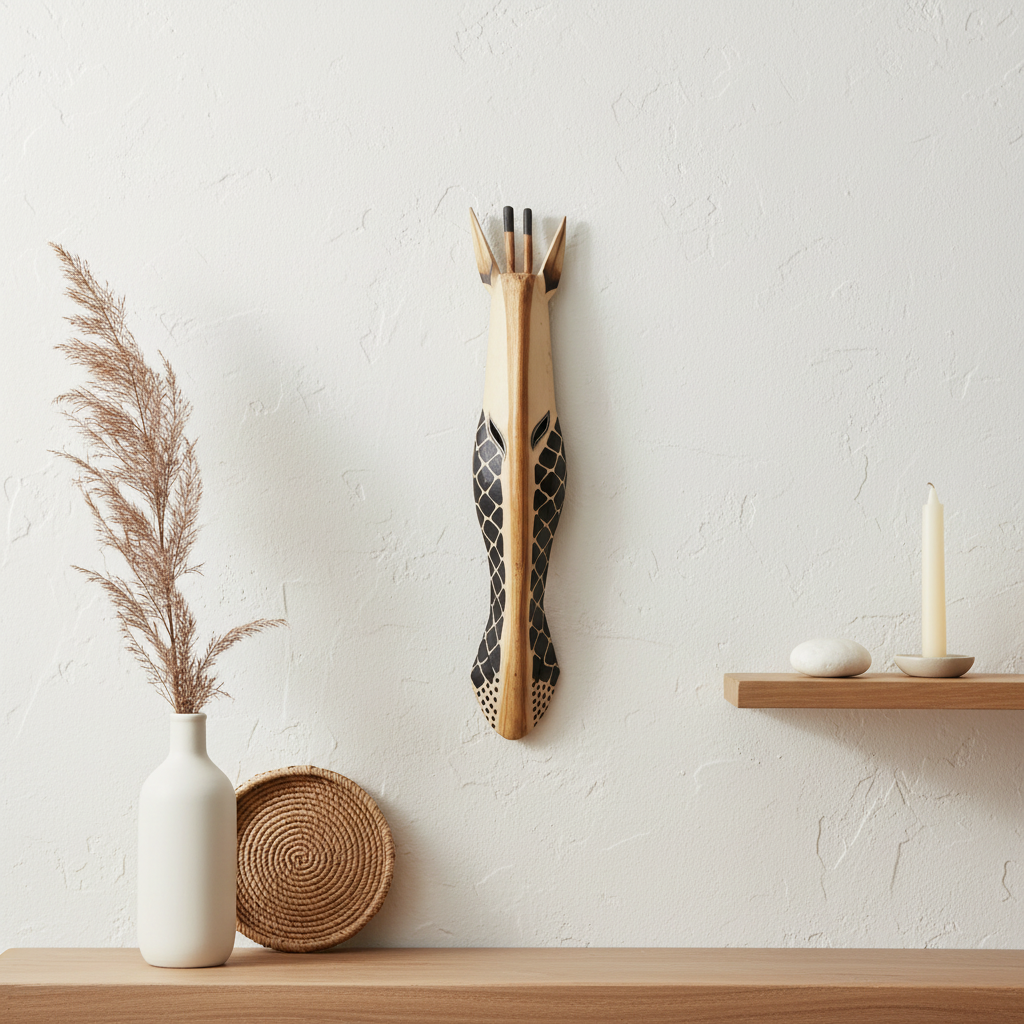 Carved animal mask in natural pale blonde wood with bold black net diamond pattern mounted on a textured white wall – minimal Japandi vignette with dried pampas grass in a white ceramic vase, woven rattan trivet and timber shelf with smooth stone and taper candle