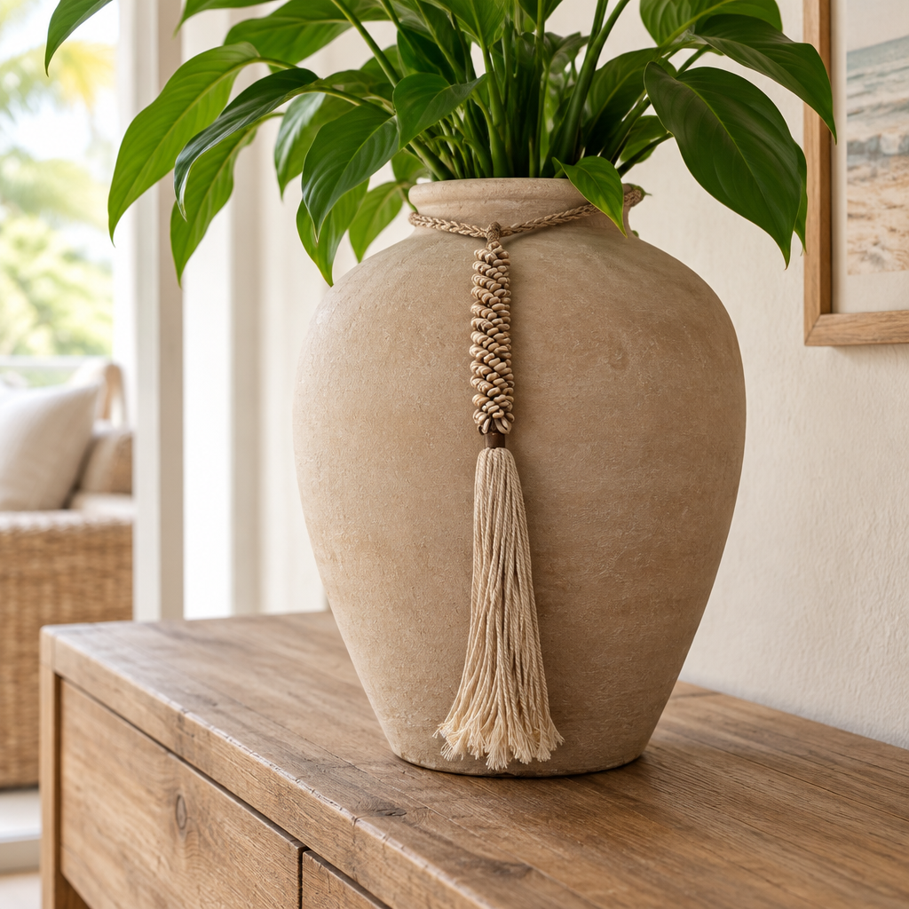 Braided cord and beige cotton fringe hanging from a ceramic plant pot