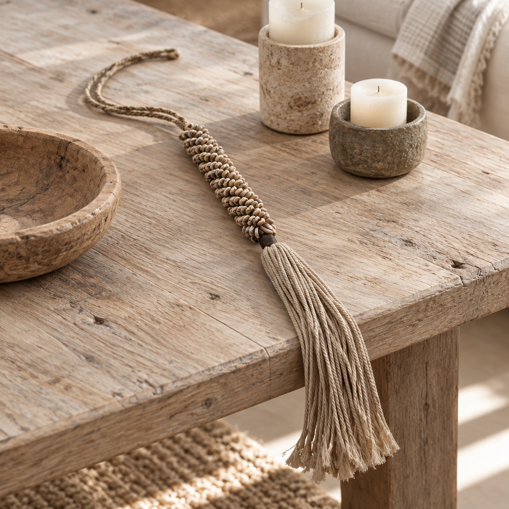 Beige fringe loosely draped across a timber table with a wooden bowl