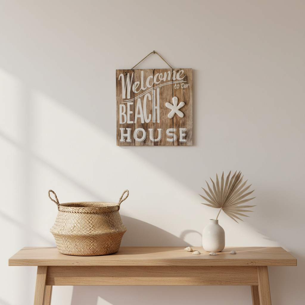Welcome Beach House Sign in natural timber with white lettering styled above a coastal entryway console