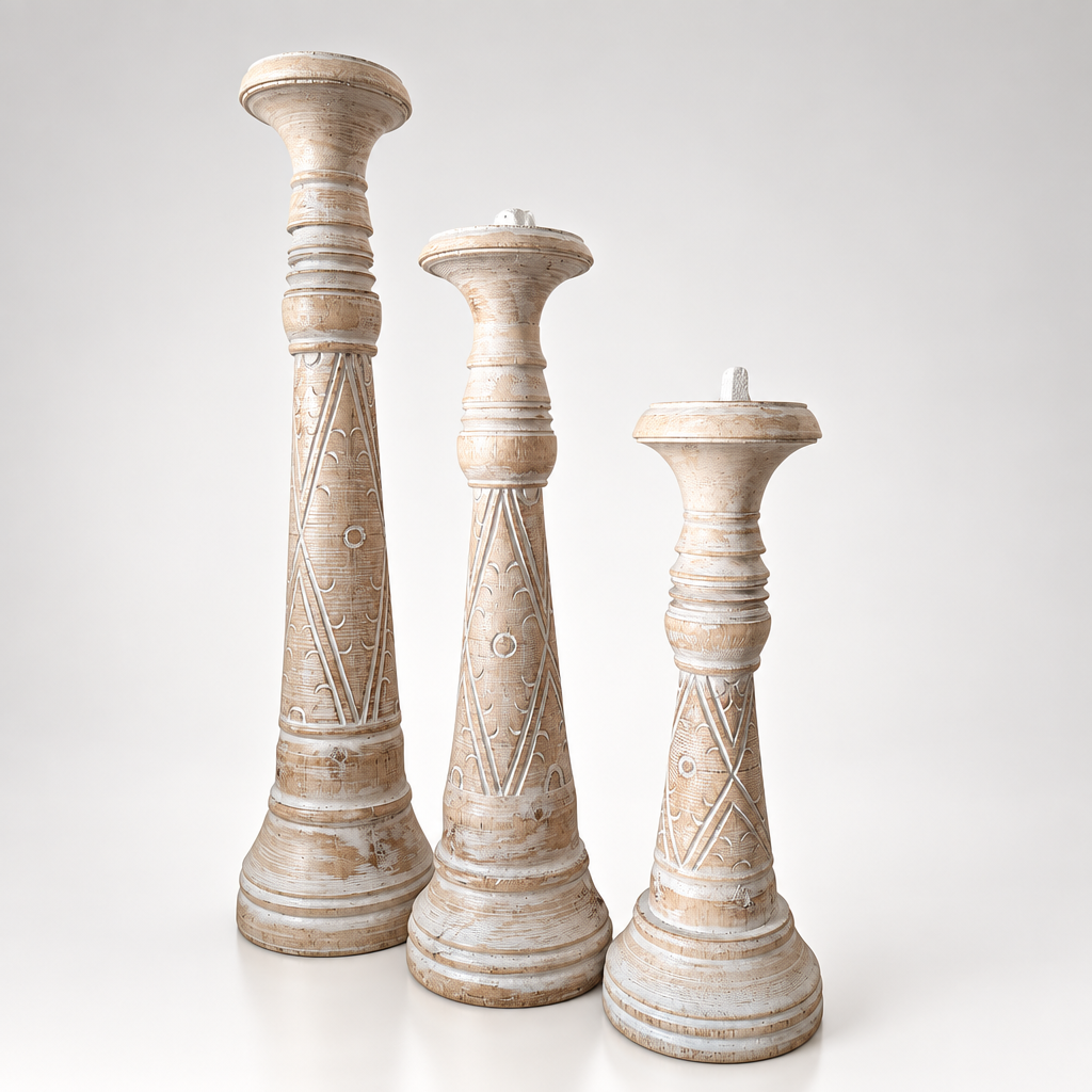 Natural wash wooden pillar candle holders with carved diamond and circle pattern