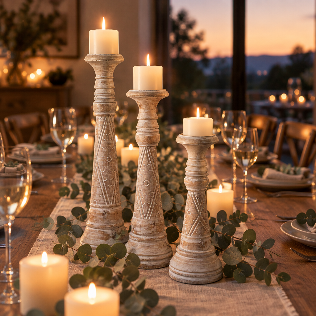 Wooden pillar candle holders with candles and eucalyptus on a linen runner at a dinner table