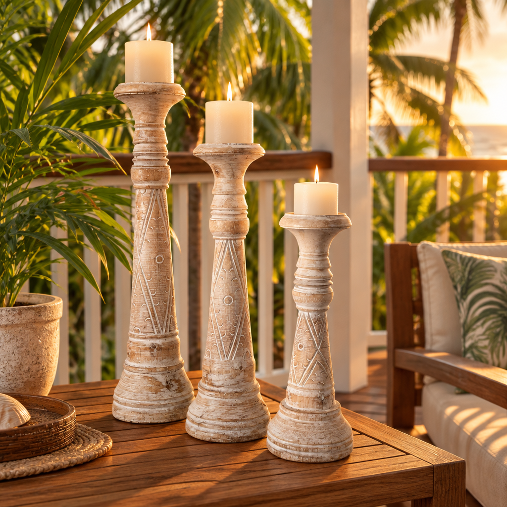 Carved natural timber pillars with lit candles on a teak table, palms and ocean sunset behind