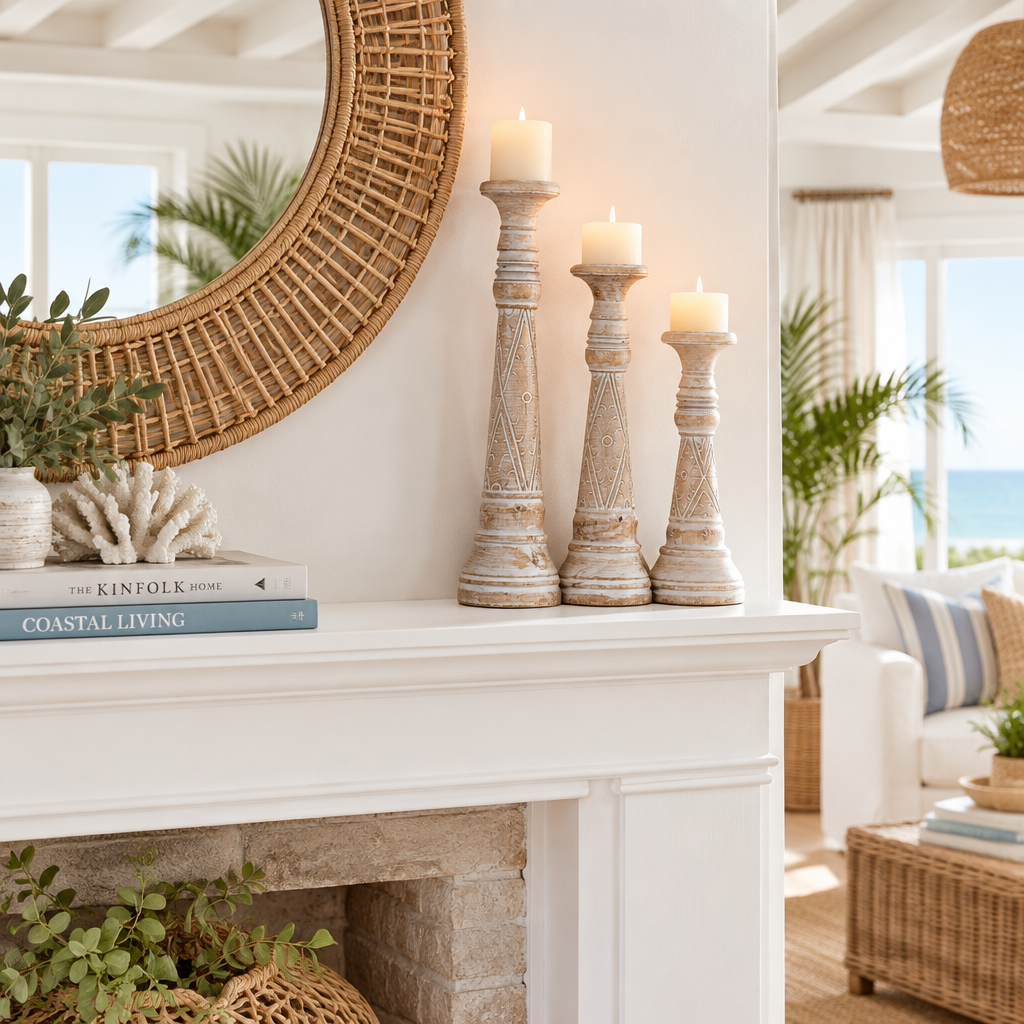  Three pale timber pillars with lit candles on a white mantle beside a rattan mirror and coral