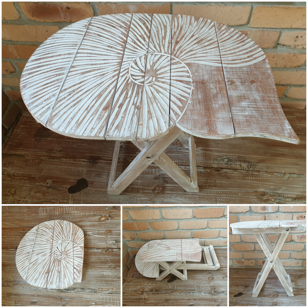 Step-by-step assembly of the rustic boho foldable wooden table with nautilus shell carving and white matte wash finish — shown flat packed, folding open, and fully assembled at 48cm x 38cm x 50cm by Azure Decor