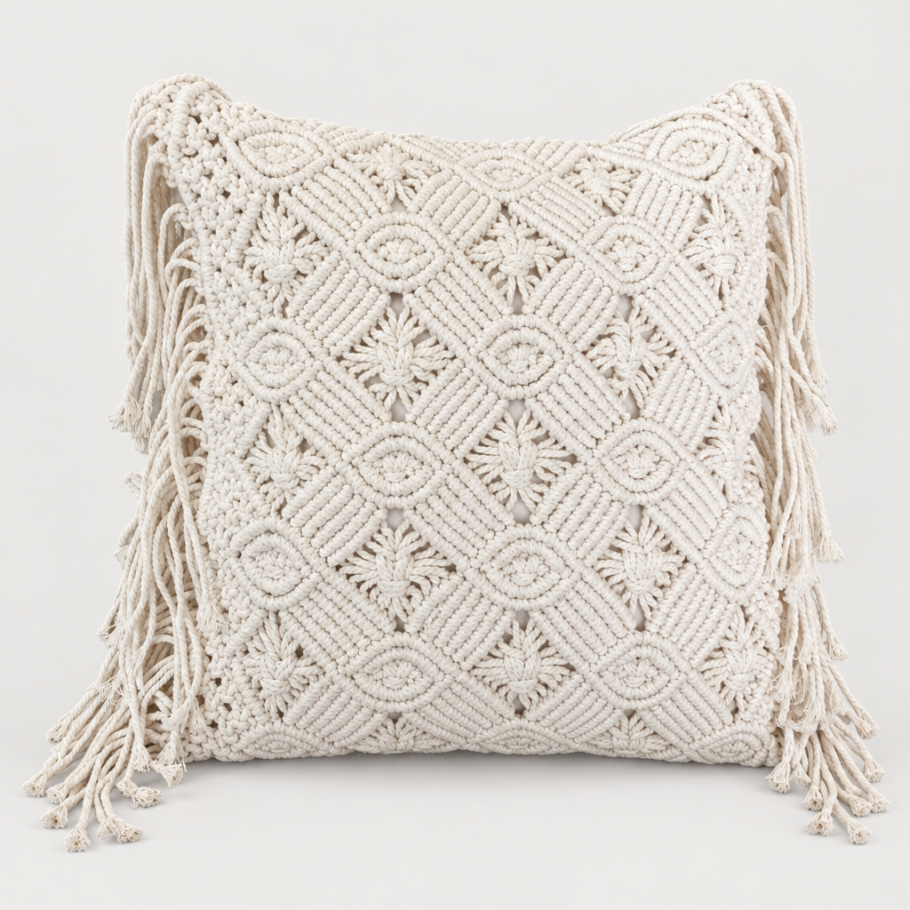 Cream macrame throw pillow with intricate woven geometric patterns and long fringe tassels on all sides, photographed against a clean white background.