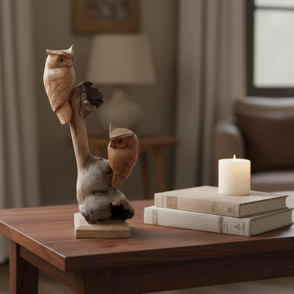 Two handcarved wooden owl styled on a dark walnut table with linen books and a white candle