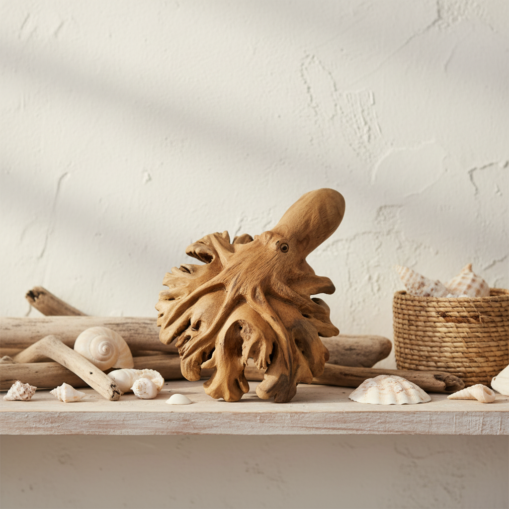  octopus with detailed tentacles on a natural timber base