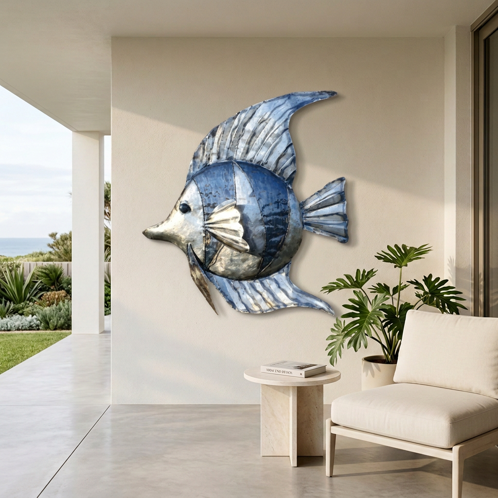 Silver-toned metal angel fish with blue accents displayed on a sheltered patio wall beside a cream armchair, pale stone table and tropical greenery.