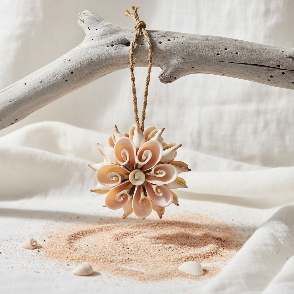 Curled peach and cream spiral shells clustered into a round bouquet ornament hanging from a thick braided jute twine loop