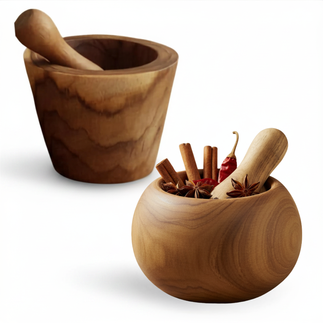 Two teak wood mortar and pestle sets on a white background — round mortar in the foreground filled with cinnamon sticks, star anise and dried red chilli, with the taller cylindrical set behind