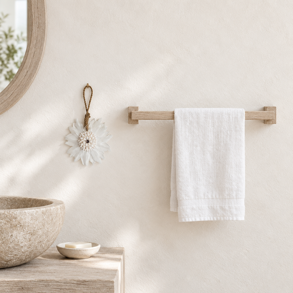 Petite white feather and shell hanging beside a timber towel rail on a warm coastal bathroom wall.