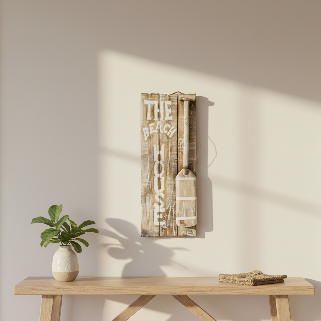 The sign has a weathered natural wood finish with white painted lettering and a nautical paddle decoration integrated into the design.