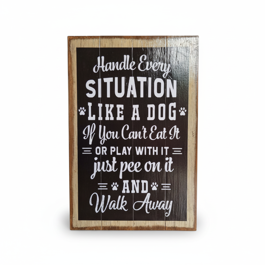 A rectangular wooden sign with a dark charcoal face and rustic natural wood border, featuring white text that reads, 'Handle Every SITUATION LIKE A DOG If You Can't Eat It OR PLAY WITH it just pee on it AND Walk Away,' shown on a plain white background.