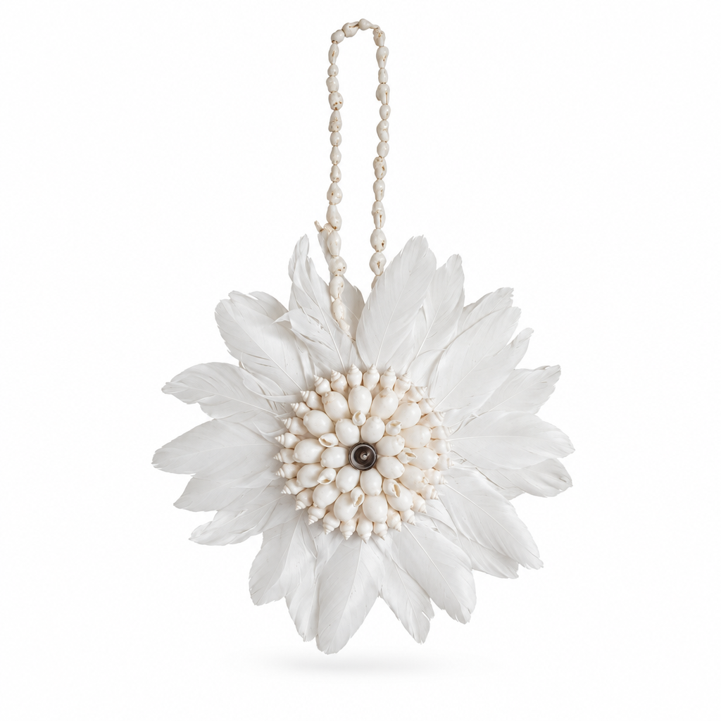  Handmade white feather hanging with a cream shell centre and beaded loop on a clean white background