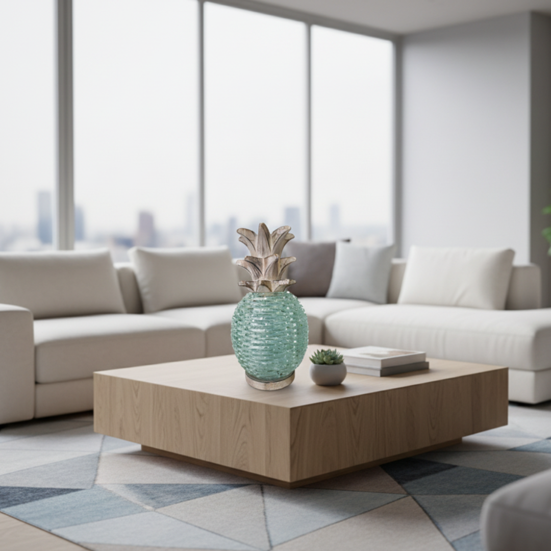 Aqua mosaic glass pineapple sculpture styled on a light oak coffee table in a bright coastal living room with floor-to-ceiling windows