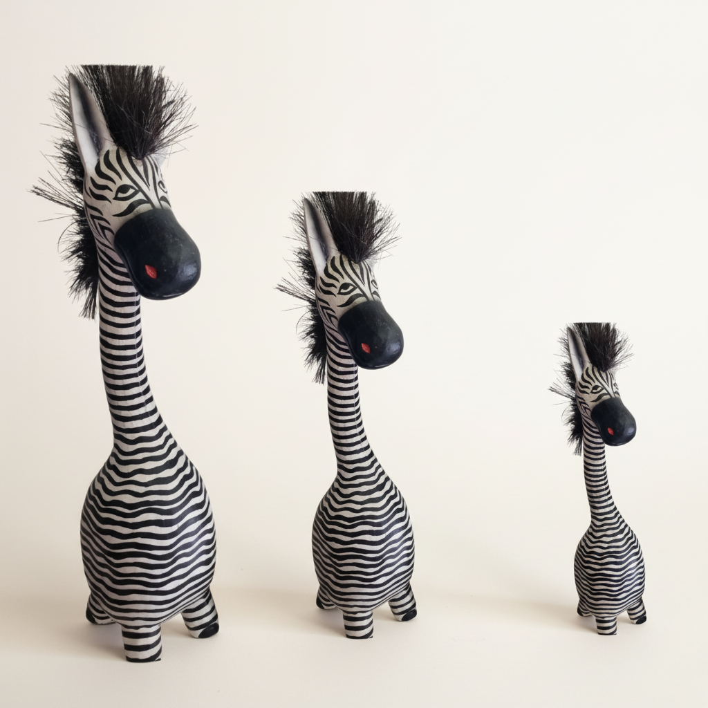 Three zebra figurines of different sizes standing side by side against a plain off-white background.