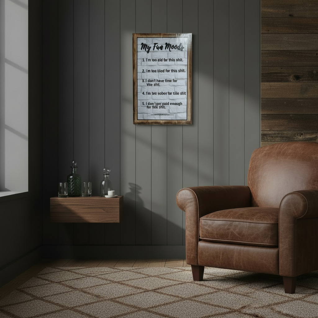 A framed wall sign with the text 'My Five Moods' and a numbered list printed on it, hanging on a dark gray paneled wall above a wooden side table in a styled interior setting.
