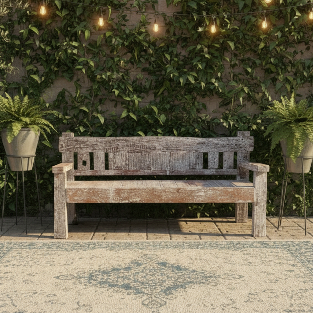 Weathered white-painted bench seat with slatted backrest and chunky armrests, centred on a patterned outdoor rug beneath warm string lights against an ivy-covered wall with potted ferns