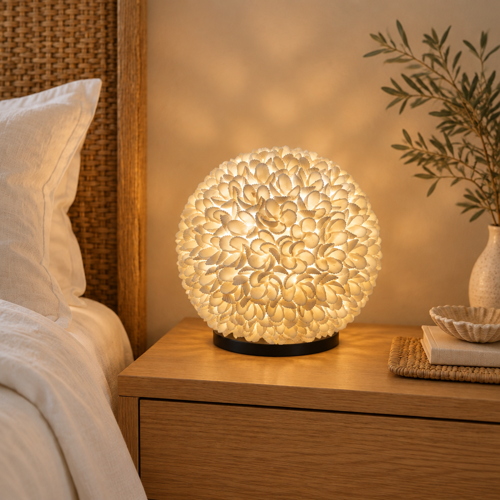 daisy shell table lamp glowing on a timber bedside table in a coastal bedroom.