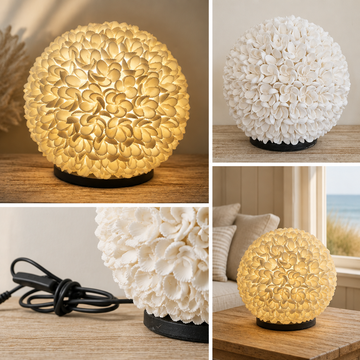 Collage of a cream shell table lamp shown glowing, unlit, in side view and styled on a timber table