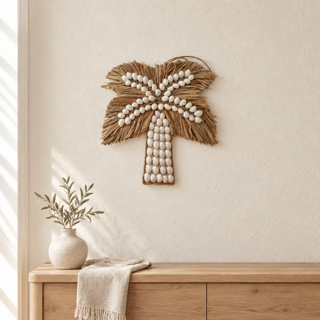 Small 21 × 21 cm shell and raffia decoration displayed above a light timber console
