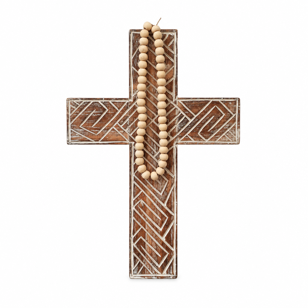 Rustic Boho Wooden Cross with geometric carving and a beige beaded chain, shown front-on against white