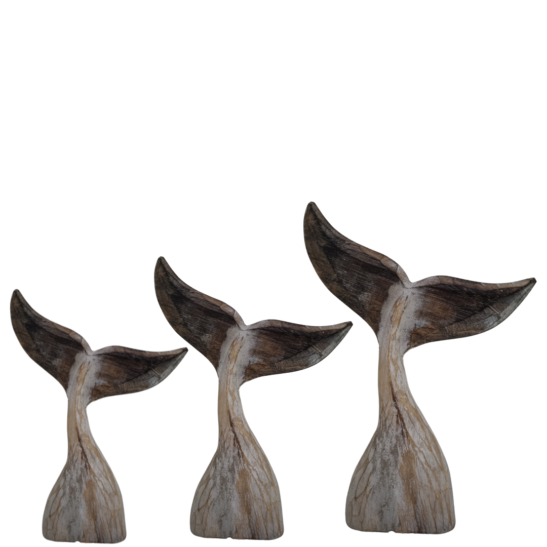 rustic brown wash whale tails set of 3 on a white back ground the sizes are small medium large in a row