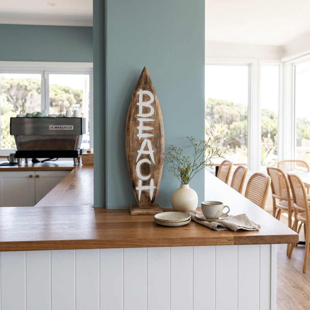 Brown timber ornament with white BEACH lettering on a café counter beside an ivory vase, ceramic cup and folded linen.
