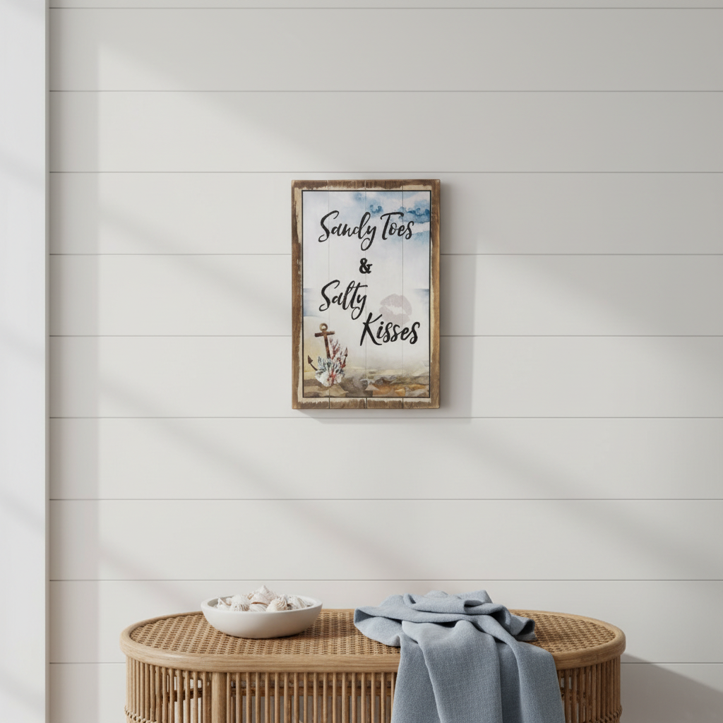 Sandy Toes and Salty Kisses sign displayed on a white coastal wall above a rattan console