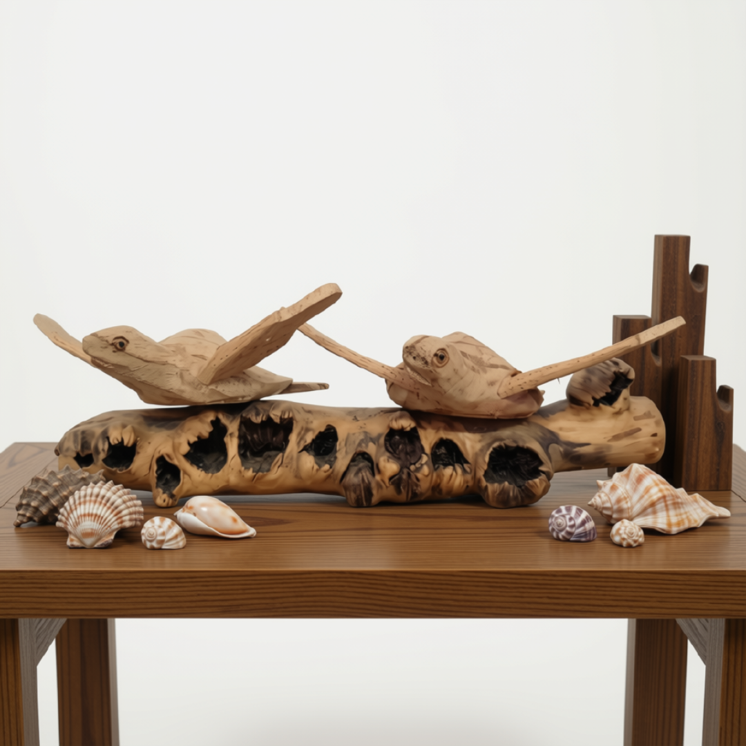 Two handcarved parasite wood turtle sculptures on a natural driftwood log, styled on a timber table with white and brown shells