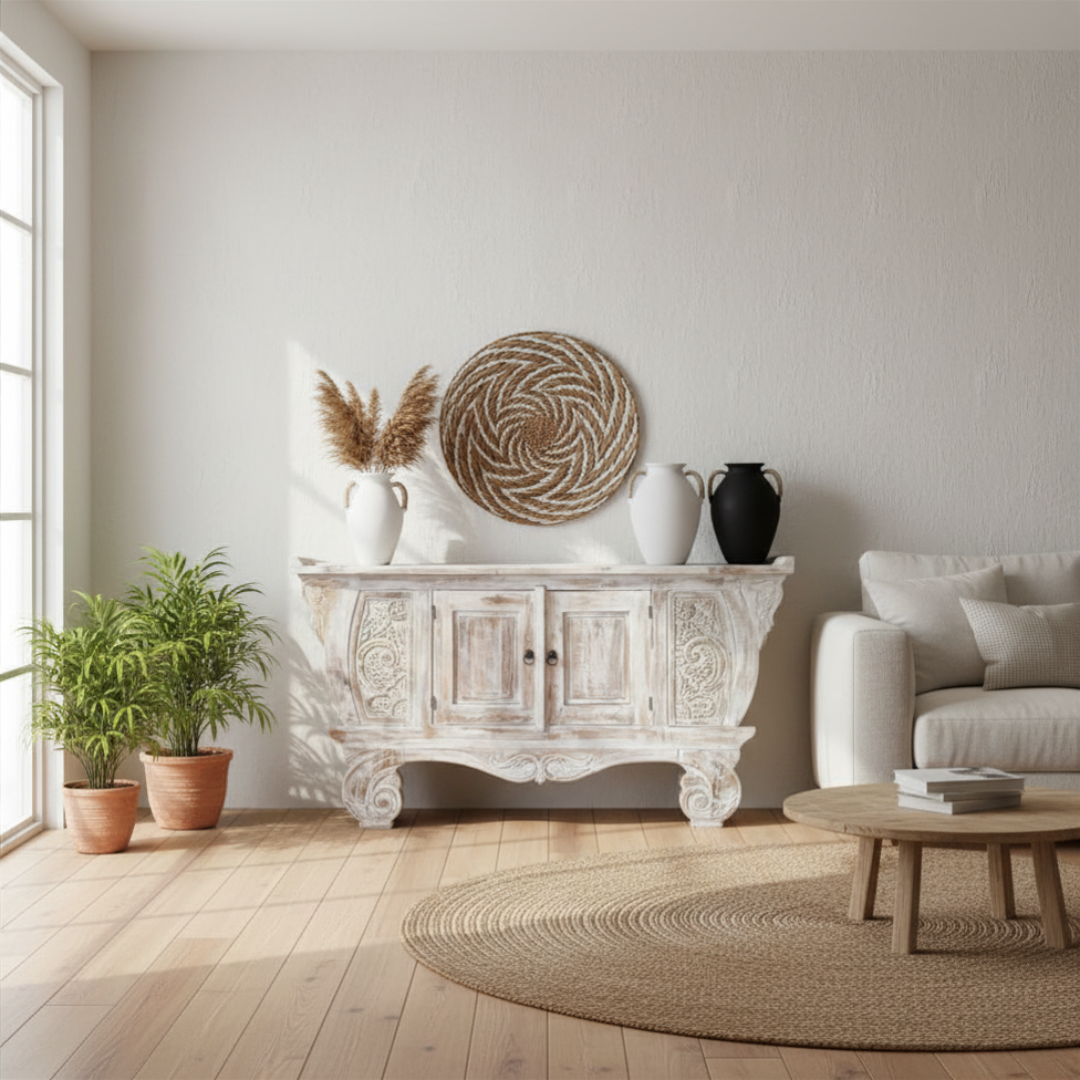Balinese teak entryway cabinet with hand-carved scrollwork styled with white ceramic vases, pampas grass and woven wall art in bright coastal living room