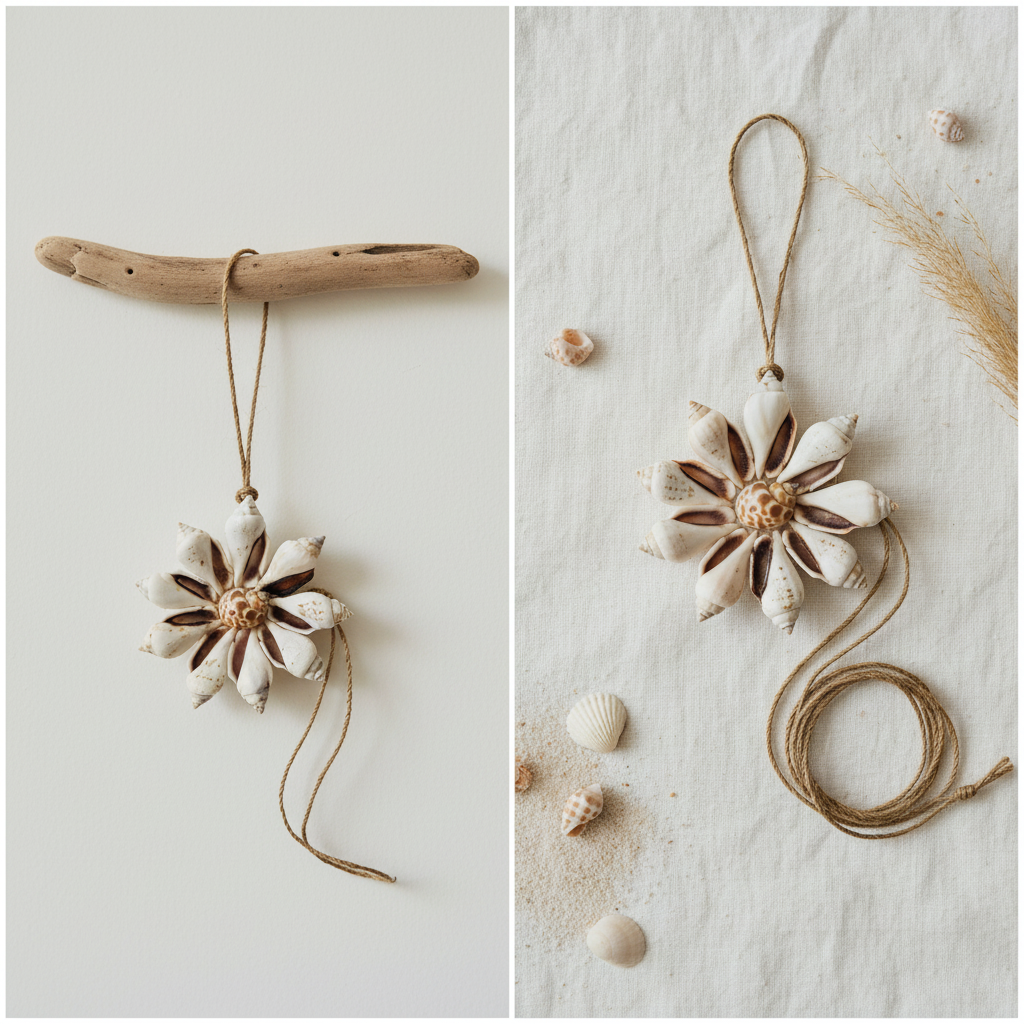 Handmade seashell flower ornaments in cream and white, flat lay on linen