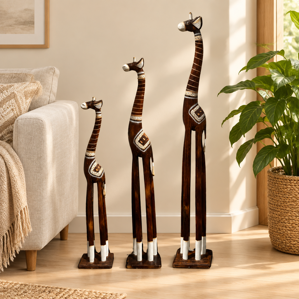 tall brown decor statues arranged smallest to tallest beside a linen sofa and leafy plant