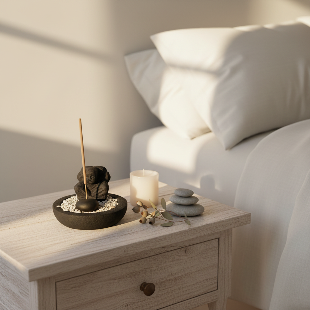 Two black stone Shaolin monk figures on a round pebble bowl with an scented  stick, styled on a timber bedside table with a white candle, smooth river stones and dried eucalyptus in warm afternoon light with linen bedding in the background