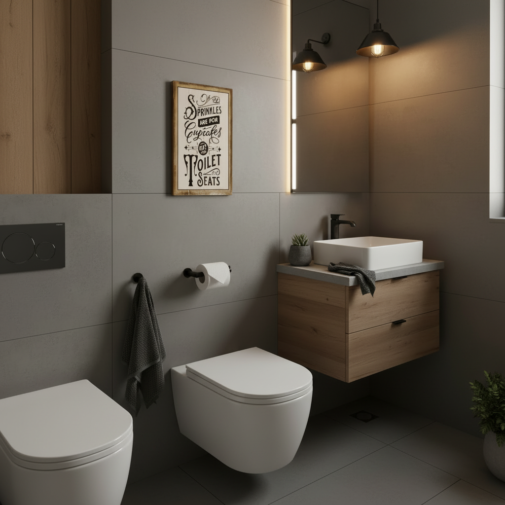 Square shared bathroom scene with a framed plaque, neutral tiles, hand towel and subtle greenery