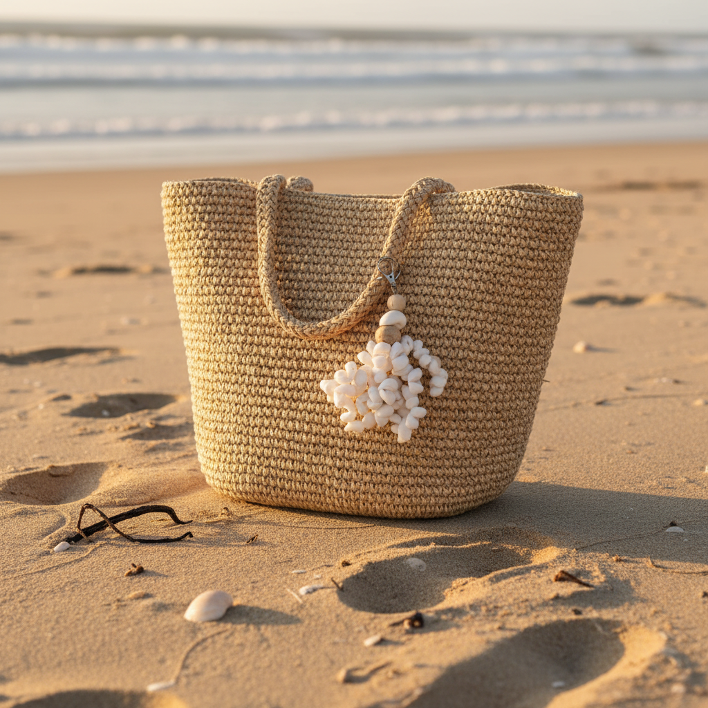 Shell tassel decor clipped to a natural woven straw tote bag on a sandy beach