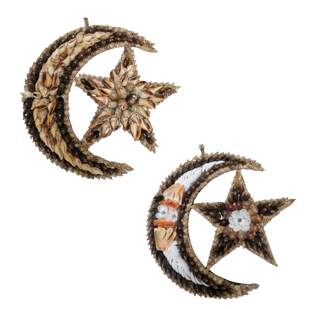Decorative wall art with moons and stars on a white background