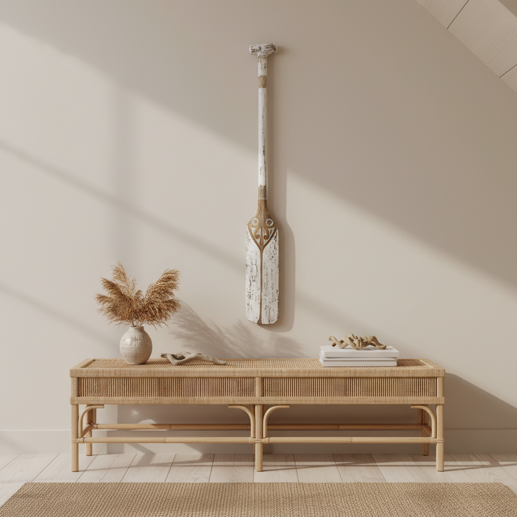 100cm Short white-wash carved wall ornament above a rattan console with dried grasses in a sunlit neutral room