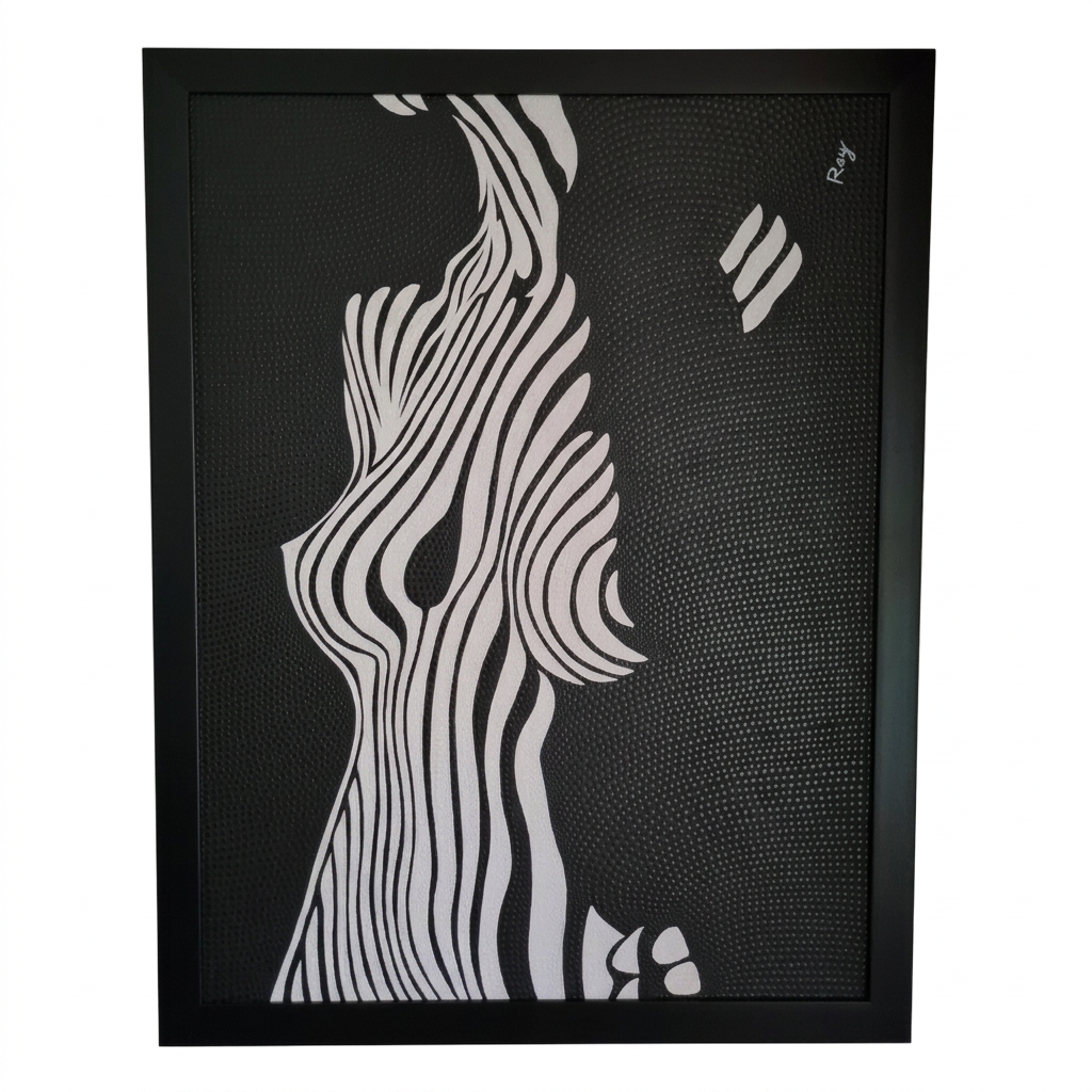 Black-framed artwork with flowing white silhouette lines and fine dotted texture on a black background, shown vertically against white