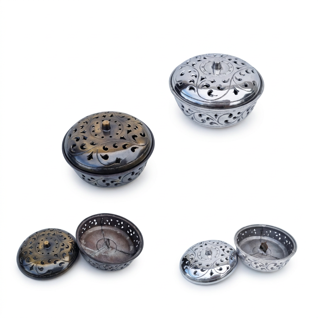 Hand Made Steel Mosquito Coil Holder a display of our metal bronze or silver incense burner with decorative top on a gray background