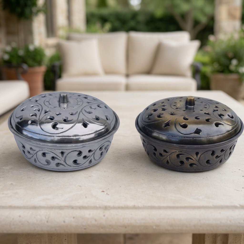 Silver and bronze decorative metal bowls with pierced leaf-patterned lids, sitting flat on a pale stone patio table with outdoor seating and greenery behind.