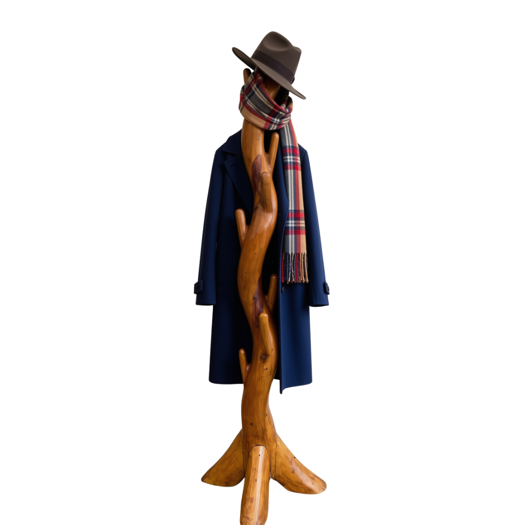 Sculptural branching wood stand with a navy wool coat draped over the arms, a red and grey plaid scarf wrapped around the upper branch, and a brown wide-brim fedora resting on top