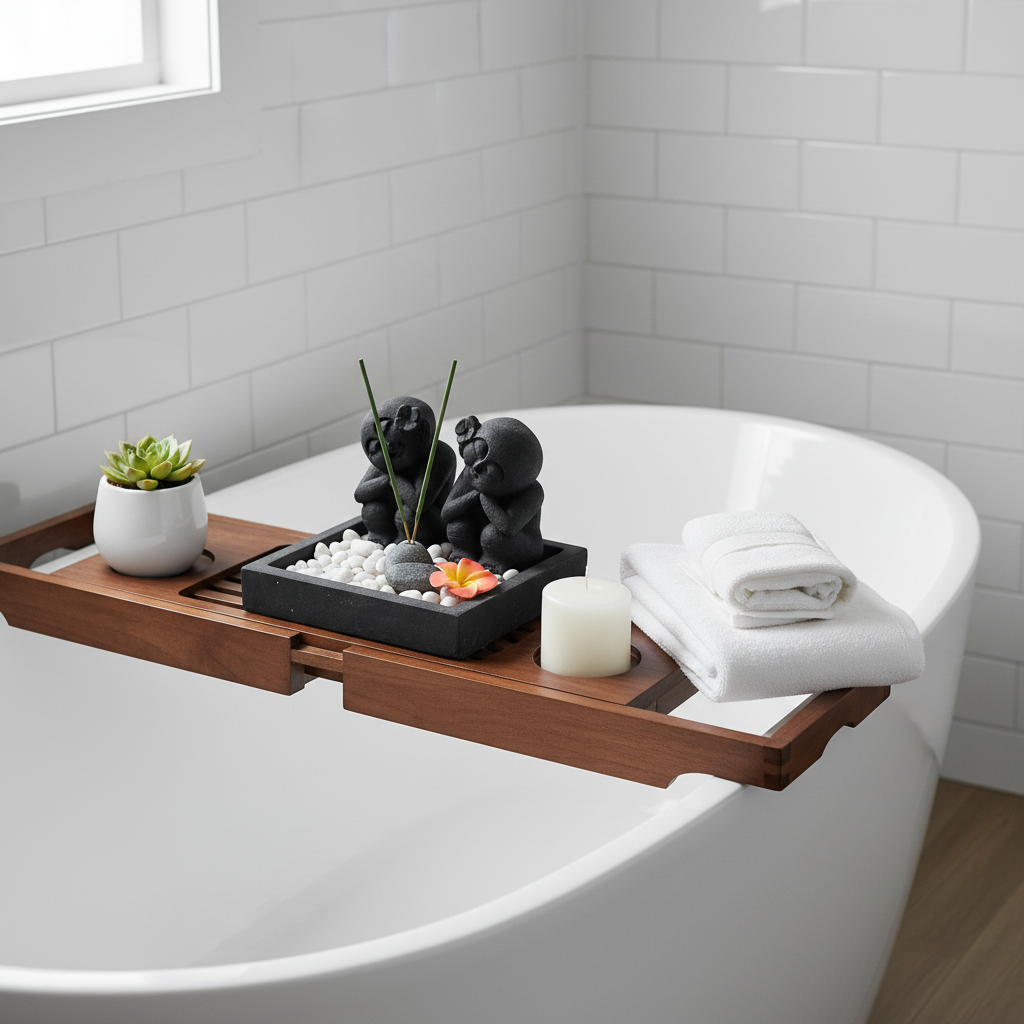 A wooden bath caddy draped over the edge of a white freestanding bathtub, styled with a small potted succulent, a black decorative tray with figurines and pebbles, a folded white candle, and a stack of white towels. The background shows a clean white subway tile wall.