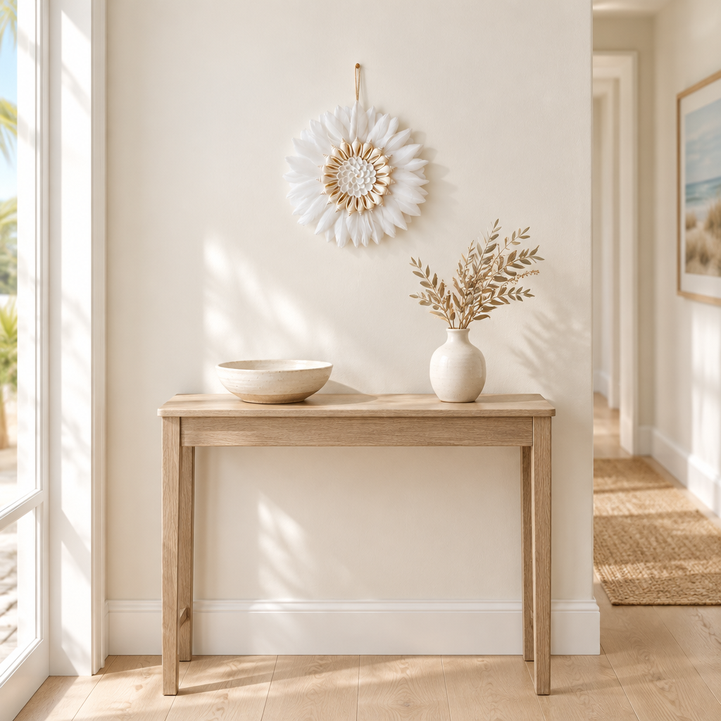 Small juju hat wall hanging above a narrow timber console in a sunlit hallway